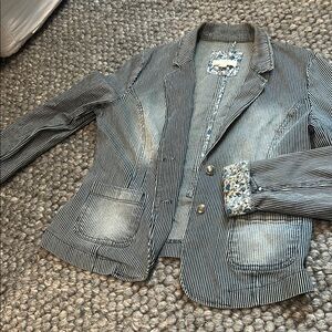Kenar Blue Denim Pinstriped Floral Trim Blazer Size Medium